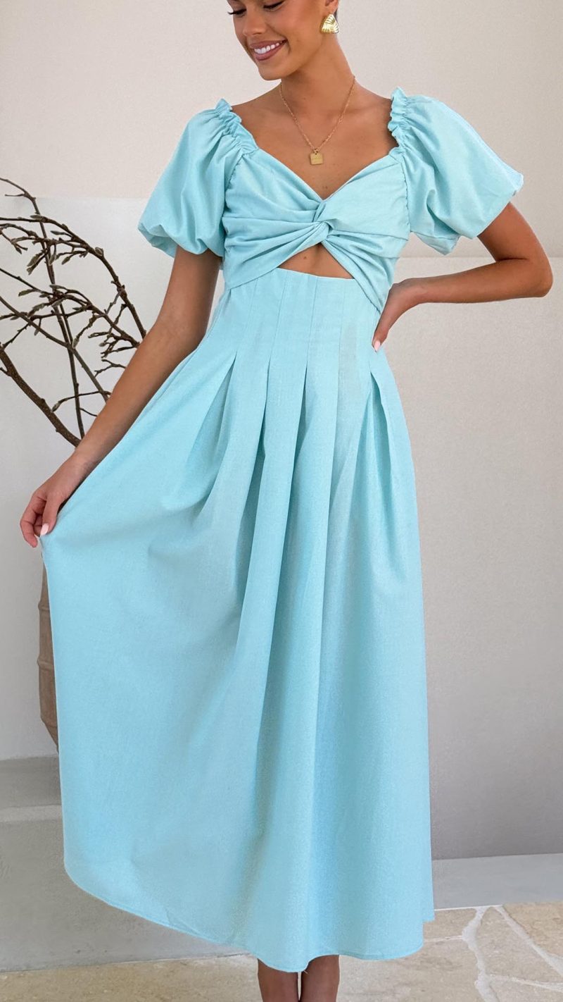 Aqua Knotted Bust Puff Sleeve Cutout Frill Maxi Dress