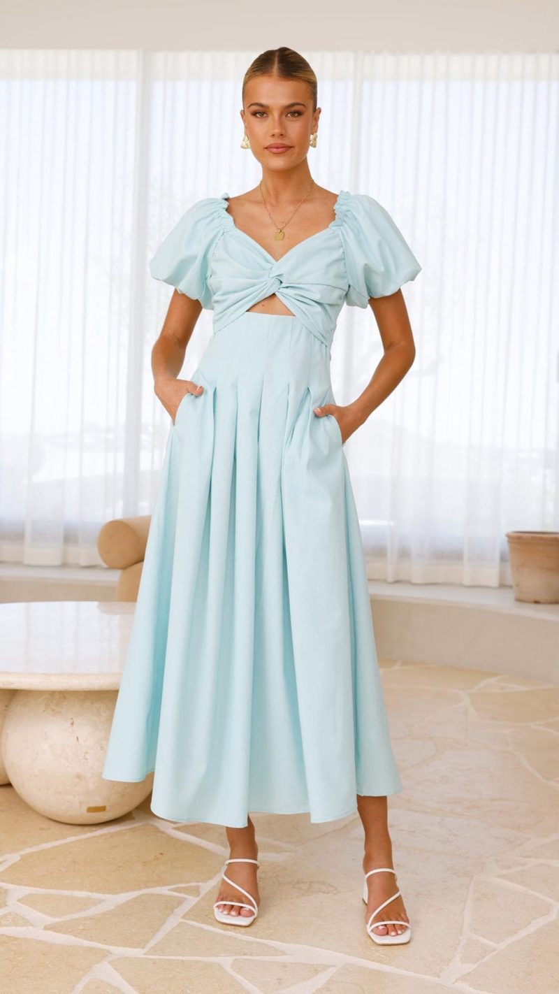 Aqua Knotted Bust Puff Sleeve Cutout Frill Maxi Dress