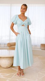Aqua Knotted Bust Puff Sleeve Cutout Frill Maxi Dress