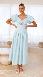 Aqua Knotted Bust Puff Sleeve Cutout Frill Maxi Dress