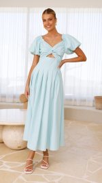 Aqua Knotted Bust Puff Sleeve Cutout Frill Maxi Dress