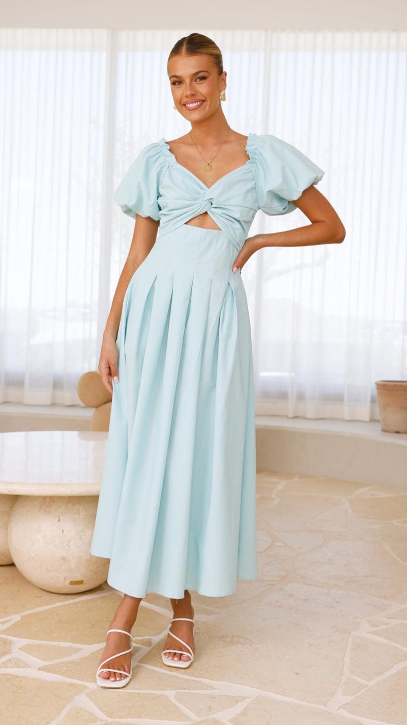 Aqua Knotted Bust Puff Sleeve Cutout Frill Maxi Dress