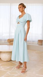 Aqua Knotted Bust Puff Sleeve Cutout Frill Maxi Dress