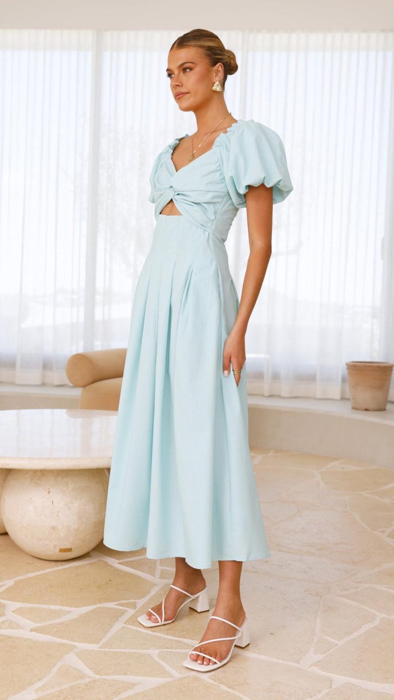 Aqua Knotted Bust Puff Sleeve Cutout Frill Maxi Dress