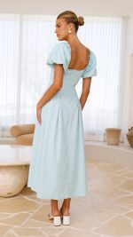 Aqua Knotted Bust Puff Sleeve Cutout Frill Maxi Dress