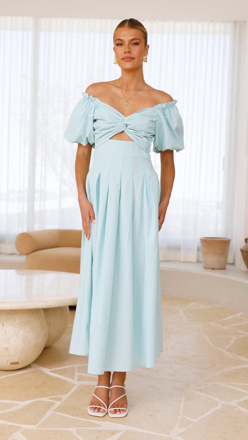 Aqua Knotted Bust Puff Sleeve Cutout Frill Maxi Dress