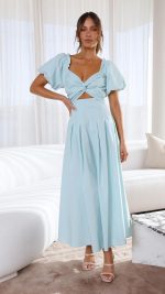 Aqua Knotted Bust Puff Sleeve Cutout Frill Maxi Dress