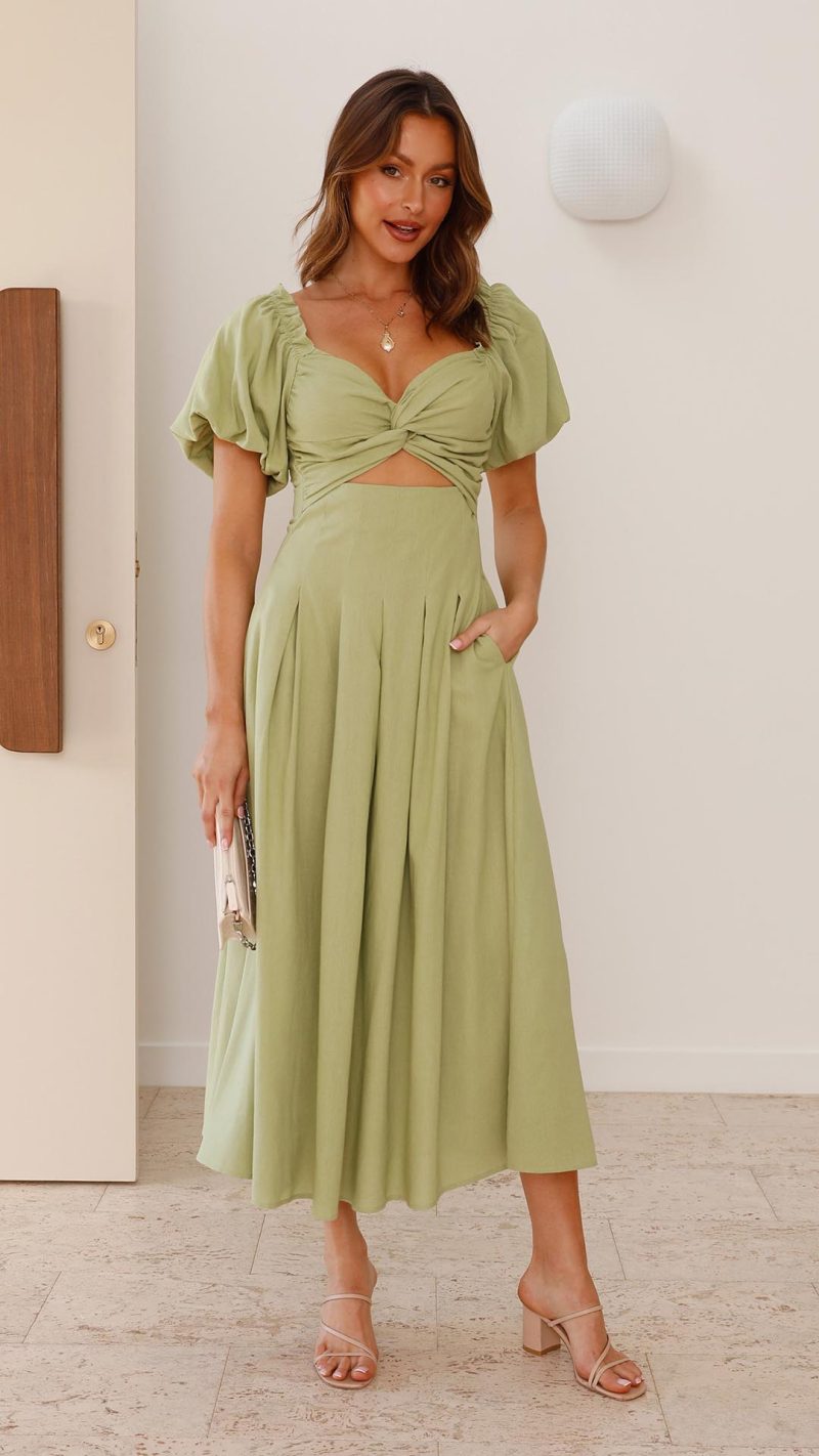 Olive Knotted Bust Puff Sleeve Cutout Frill Maxi Dress