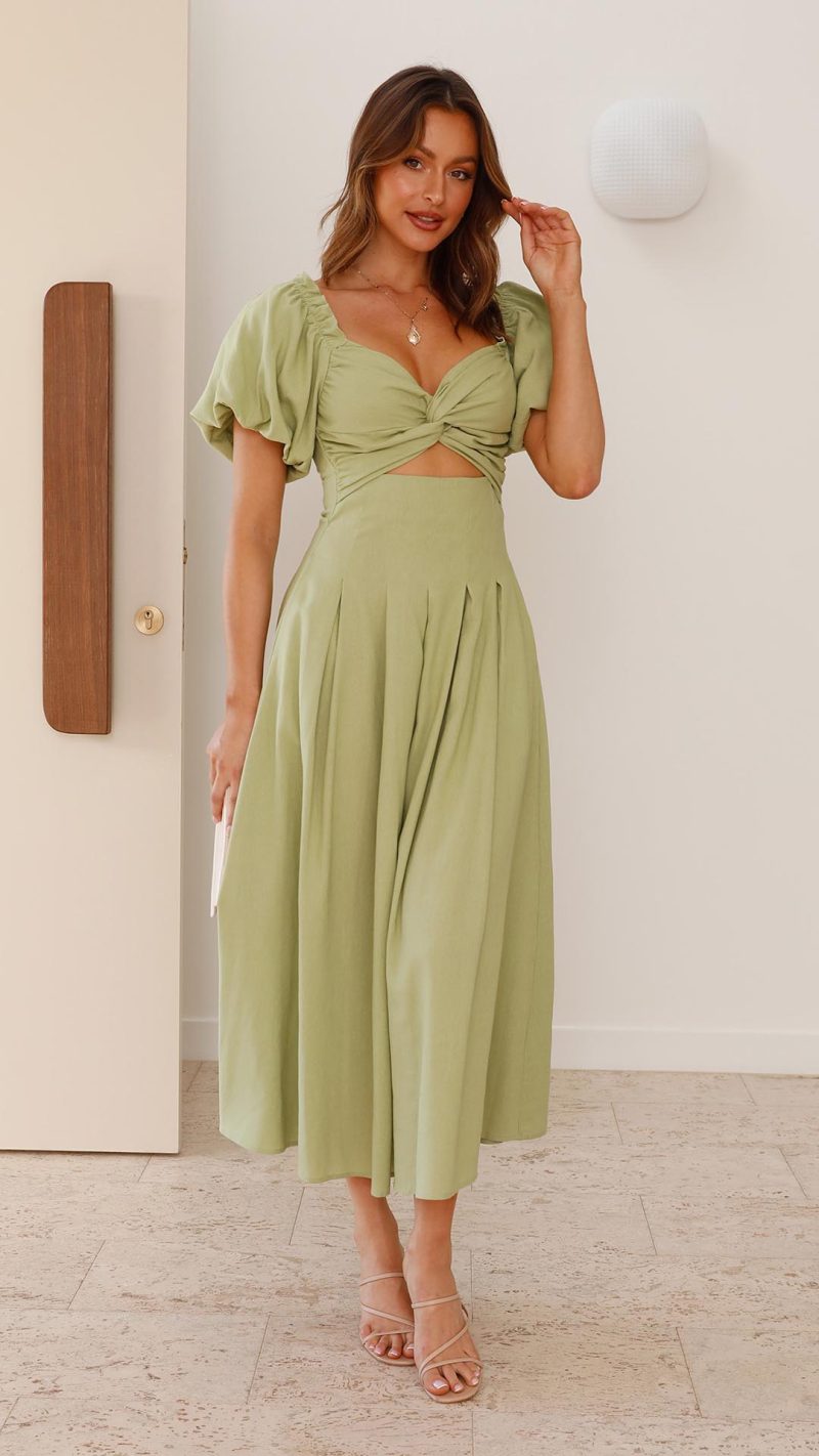 Olive Knotted Bust Puff Sleeve Cutout Frill Maxi Dress