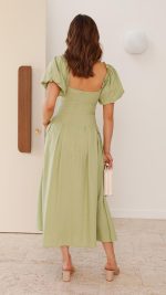 Olive Knotted Bust Puff Sleeve Cutout Frill Maxi Dress