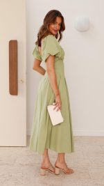 Olive Knotted Bust Puff Sleeve Cutout Frill Maxi Dress
