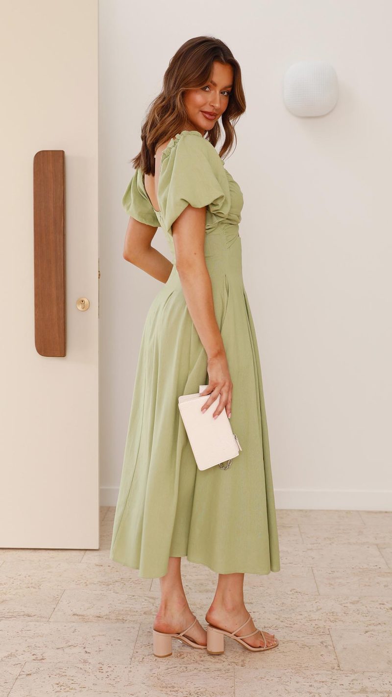 Olive Knotted Bust Puff Sleeve Cutout Frill Maxi Dress