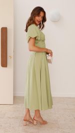 Olive Knotted Bust Puff Sleeve Cutout Frill Maxi Dress