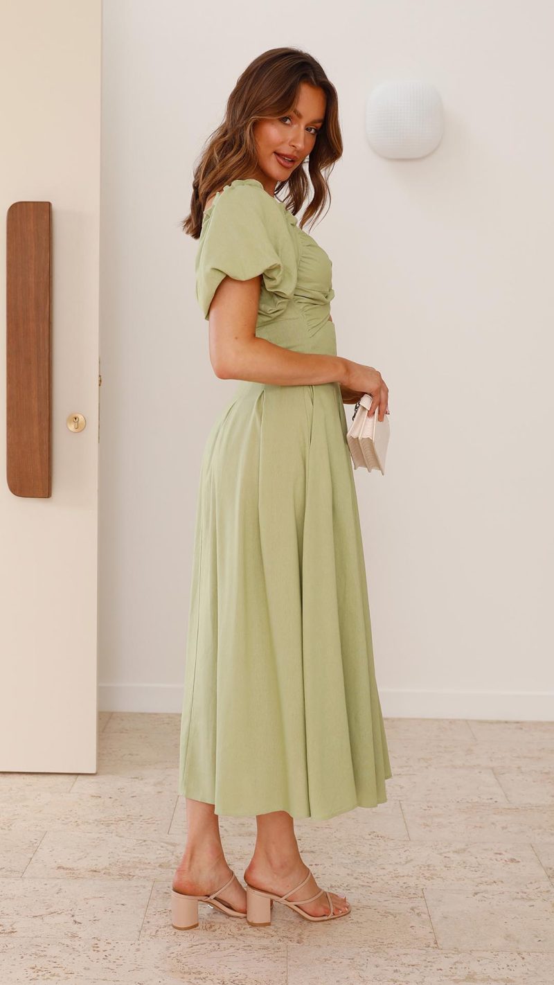 Olive Knotted Bust Puff Sleeve Cutout Frill Maxi Dress
