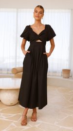 Black Knotted Bust Puff Sleeve Cutout Frill Maxi Dress