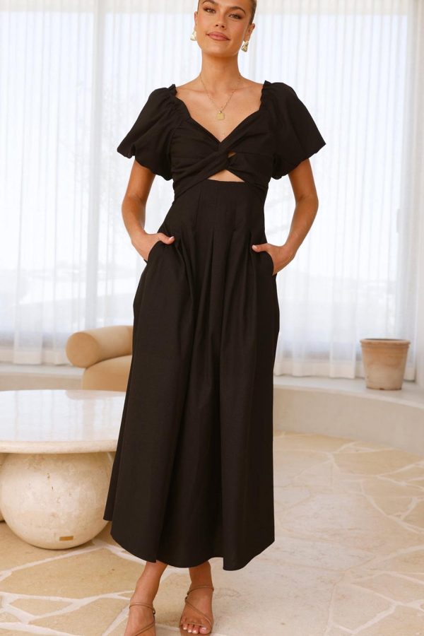 Black Knotted Bust Puff Sleeve Cutout Frill Maxi Dress