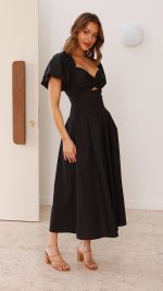 Black Knotted Bust Puff Sleeve Cutout Frill Maxi Dress