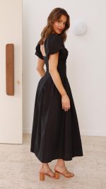 Black Knotted Bust Puff Sleeve Cutout Frill Maxi Dress