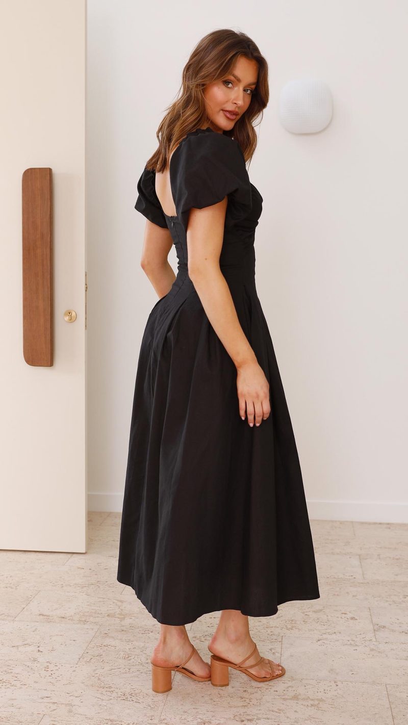 Black Knotted Bust Puff Sleeve Cutout Frill Maxi Dress