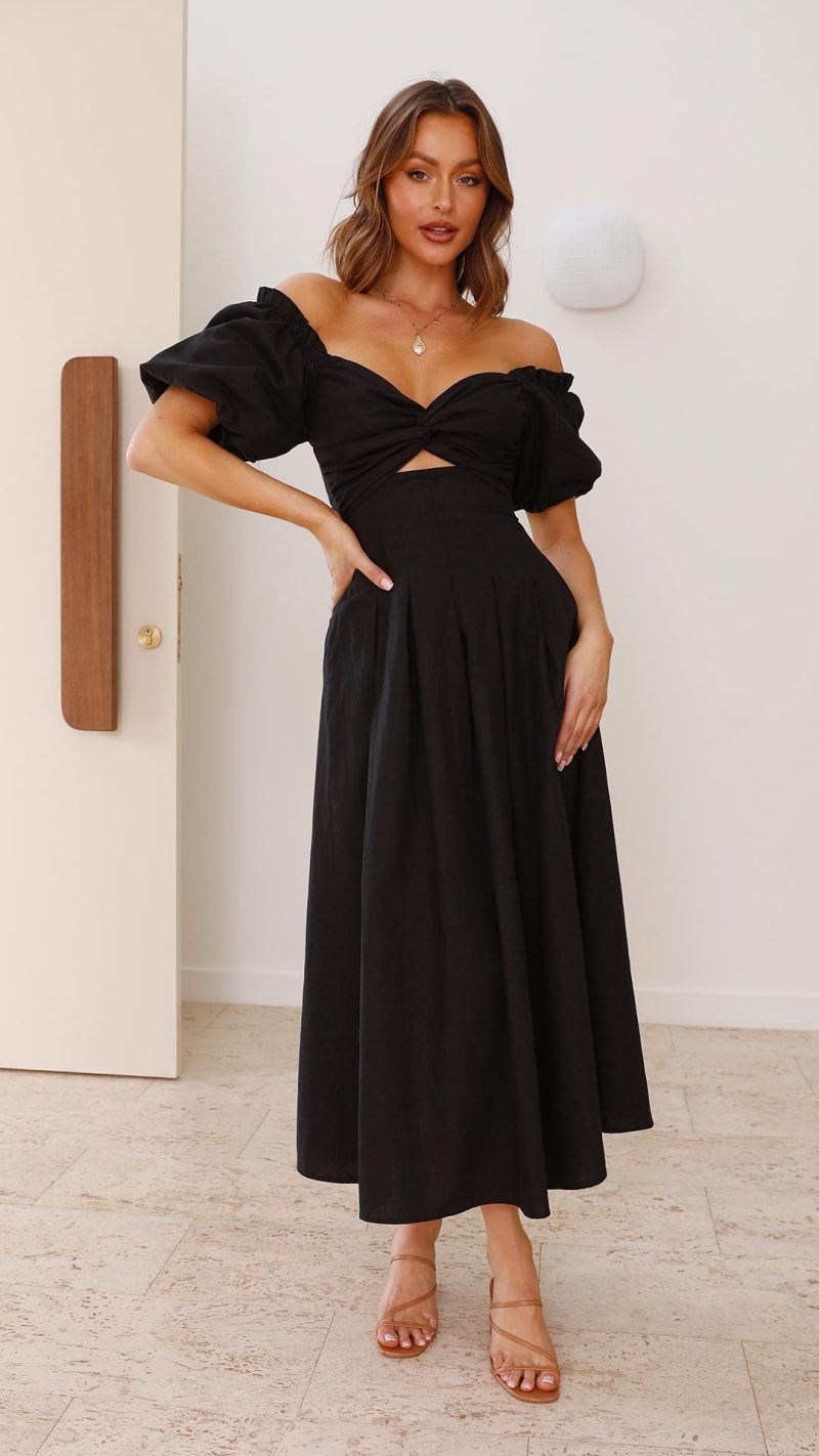 Black Knotted Bust Puff Sleeve Cutout Frill Maxi Dress