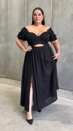 Black Knotted Bust Puff Sleeve Cutout Frill Maxi Dress