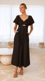 Black Knotted Bust Puff Sleeve Cutout Frill Maxi Dress