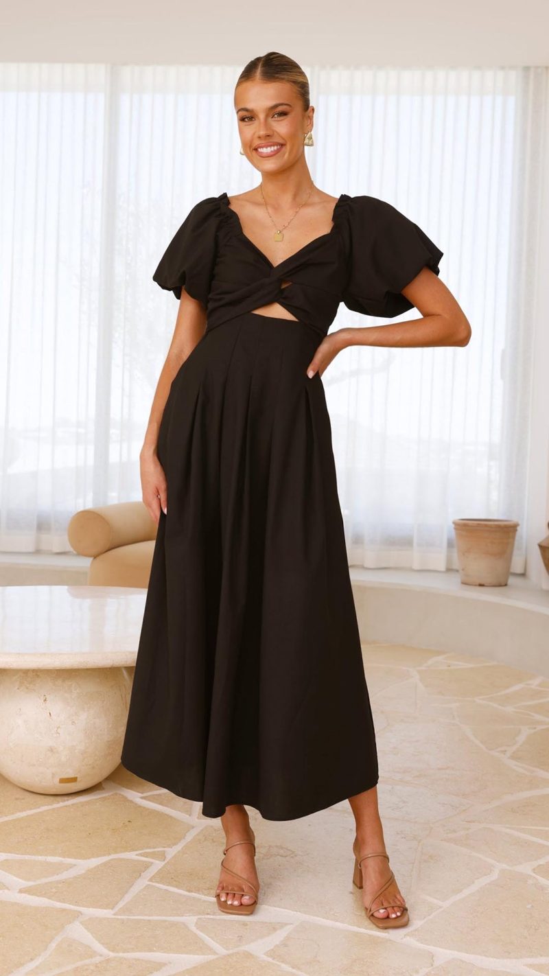 Black Knotted Bust Puff Sleeve Cutout Frill Maxi Dress
