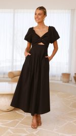 Black Knotted Bust Puff Sleeve Cutout Frill Maxi Dress