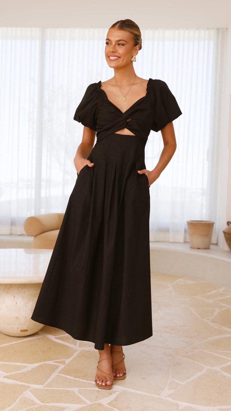 Black Knotted Bust Puff Sleeve Cutout Frill Maxi Dress