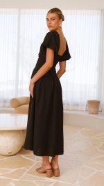 Black Knotted Bust Puff Sleeve Cutout Frill Maxi Dress