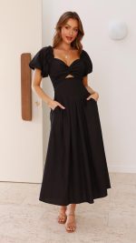 Black Knotted Bust Puff Sleeve Cutout Frill Maxi Dress