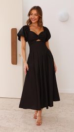 Black Knotted Bust Puff Sleeve Cutout Frill Maxi Dress
