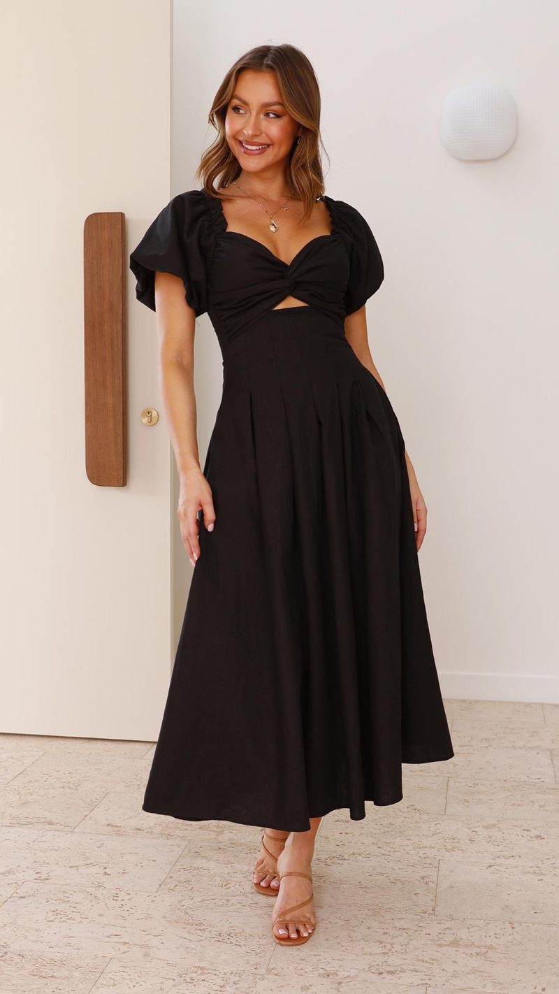 Black Knotted Bust Puff Sleeve Cutout Frill Maxi Dress