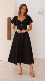 Black Knotted Bust Puff Sleeve Cutout Frill Maxi Dress
