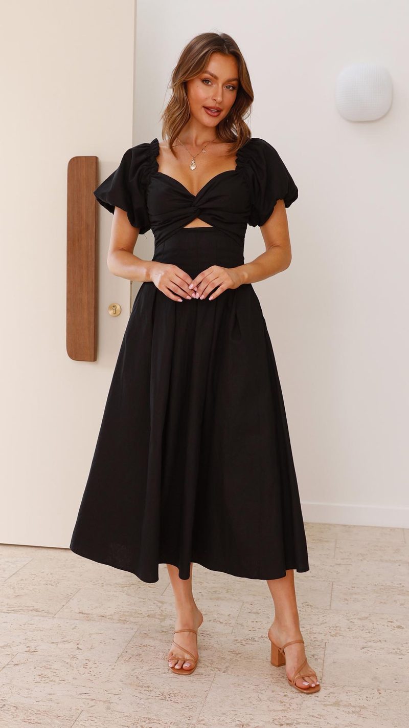 Black Knotted Bust Puff Sleeve Cutout Frill Maxi Dress