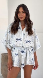 White/Blue Bow Wide-Sleeve Button-Front Playsuit