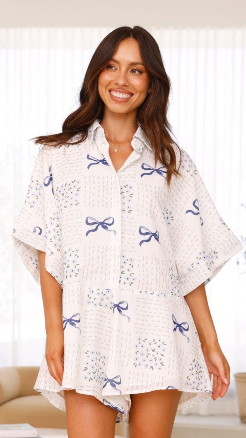 White/Blue Bow Wide-Sleeve Button-Front Playsuit