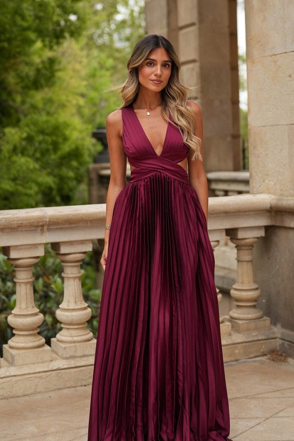 Burgundy Pleated Cut-Out Lace-Up Back Maxi Dress