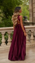 Burgundy Pleated Cut-Out Lace-Up Back Maxi Dress