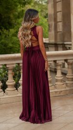 Burgundy Pleated Cut-Out Lace-Up Back Maxi Dress