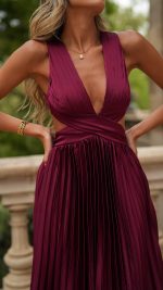 Burgundy Pleated Cut-Out Lace-Up Back Maxi Dress