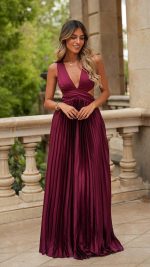 Burgundy Pleated Cut-Out Lace-Up Back Maxi Dress