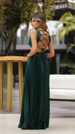 Bottle Green Pleated Cut-Out Lace-Up Back Maxi Dress