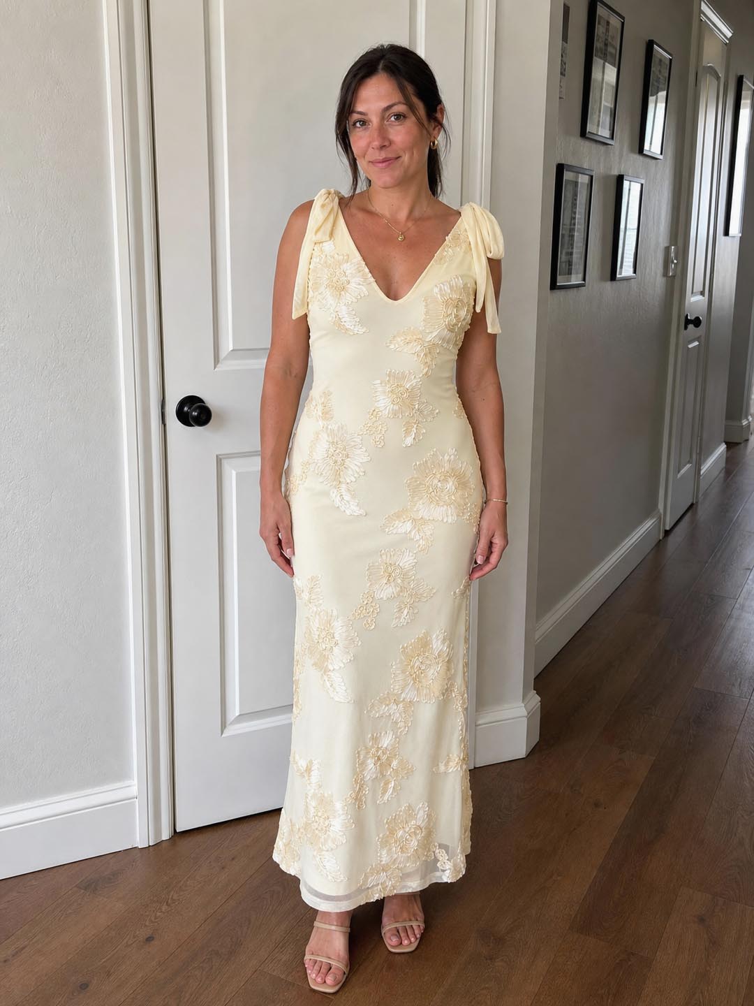 Customer review image for Toperth Yellow Embroidered Floral Tie Strap Maxi Dress