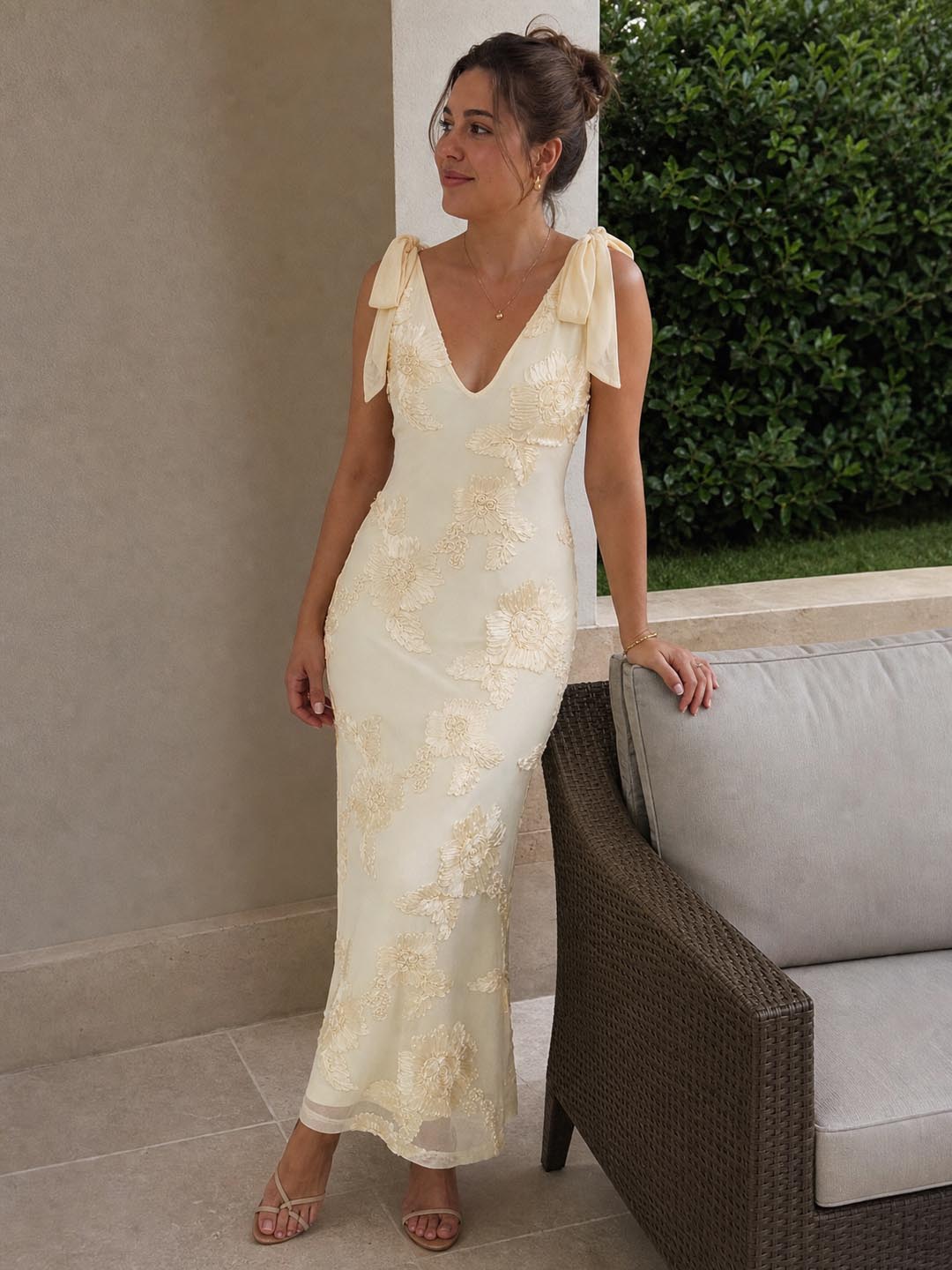 Customer review image for Toperth Yellow Embroidered Floral Tie Strap Maxi Dress
