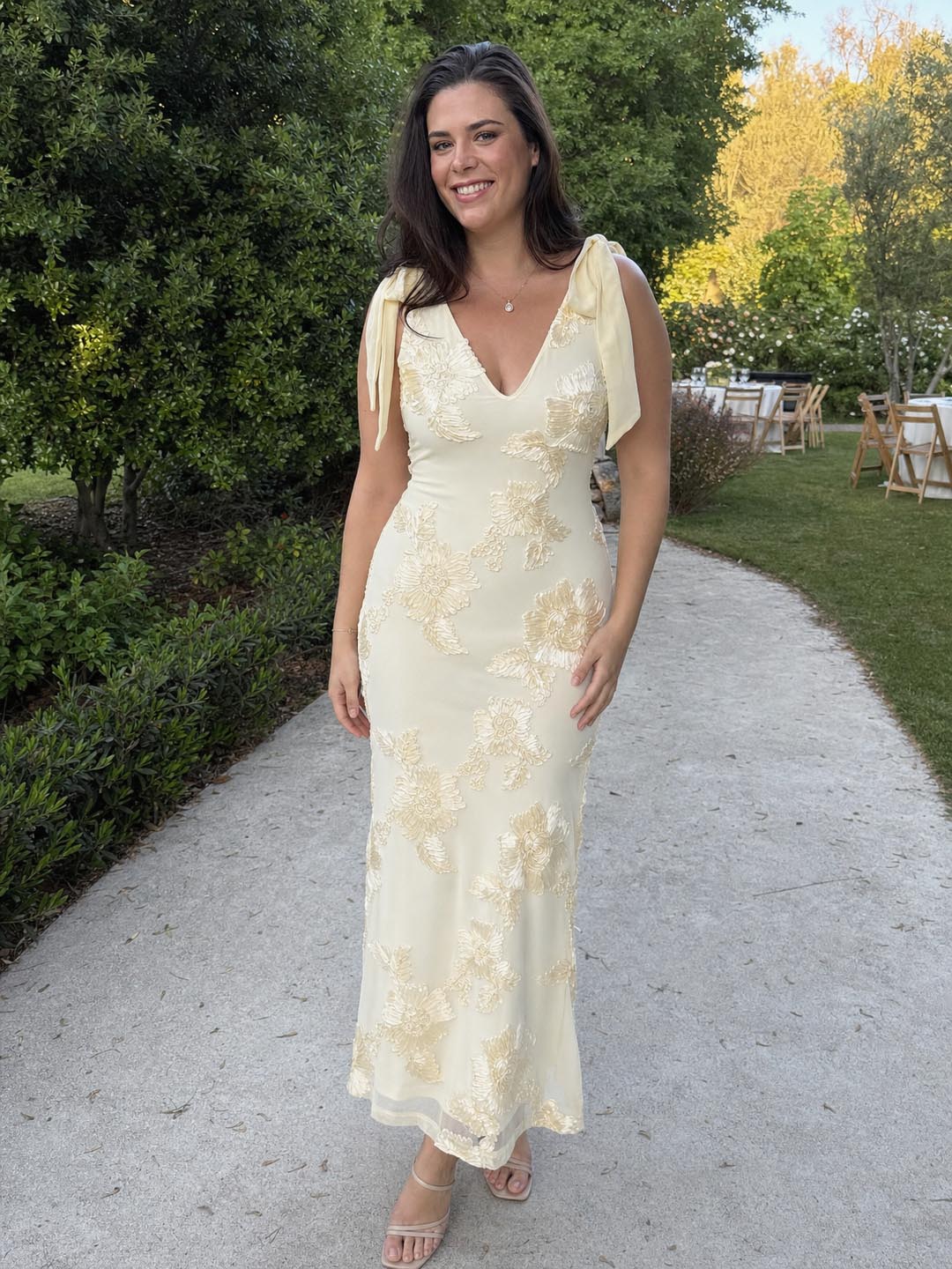Customer review image for Toperth Yellow Embroidered Floral Tie Strap Maxi Dress