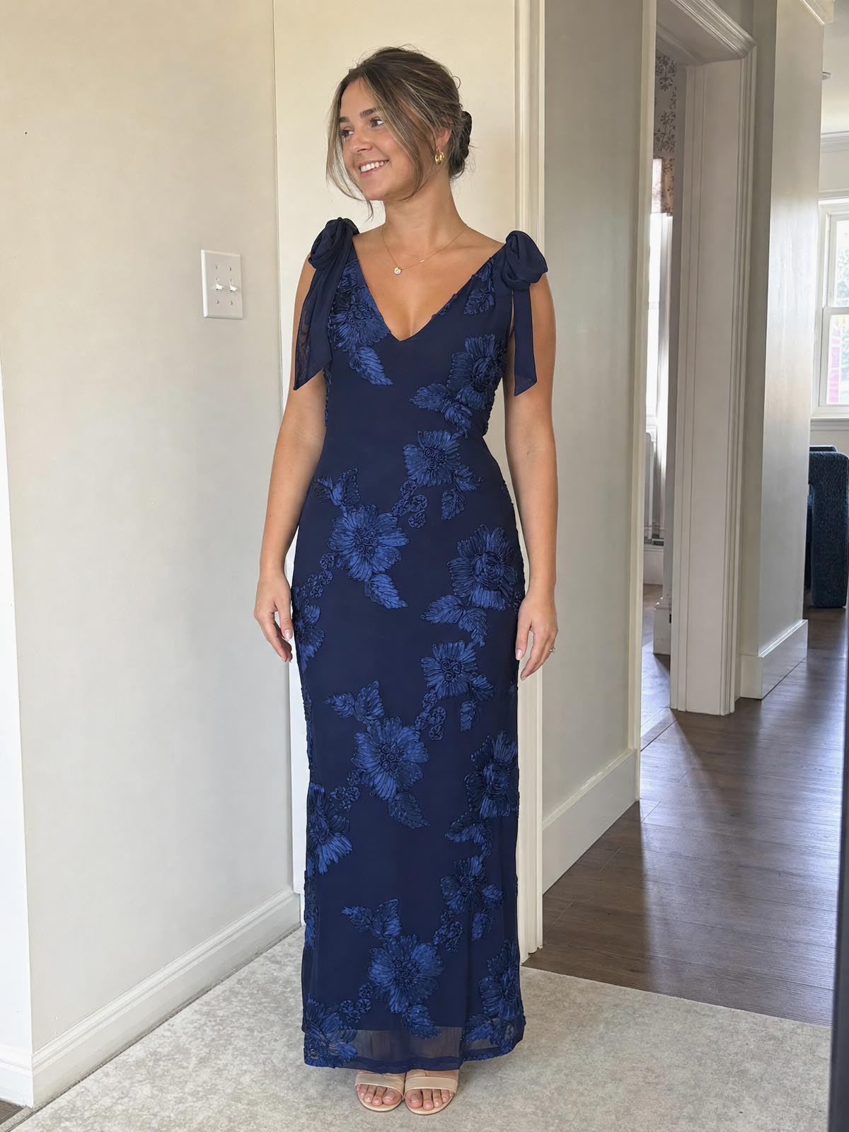 Click to view full screen Customer review image for Toperth Navy Embroidered Floral Tie Strap Maxi Dress