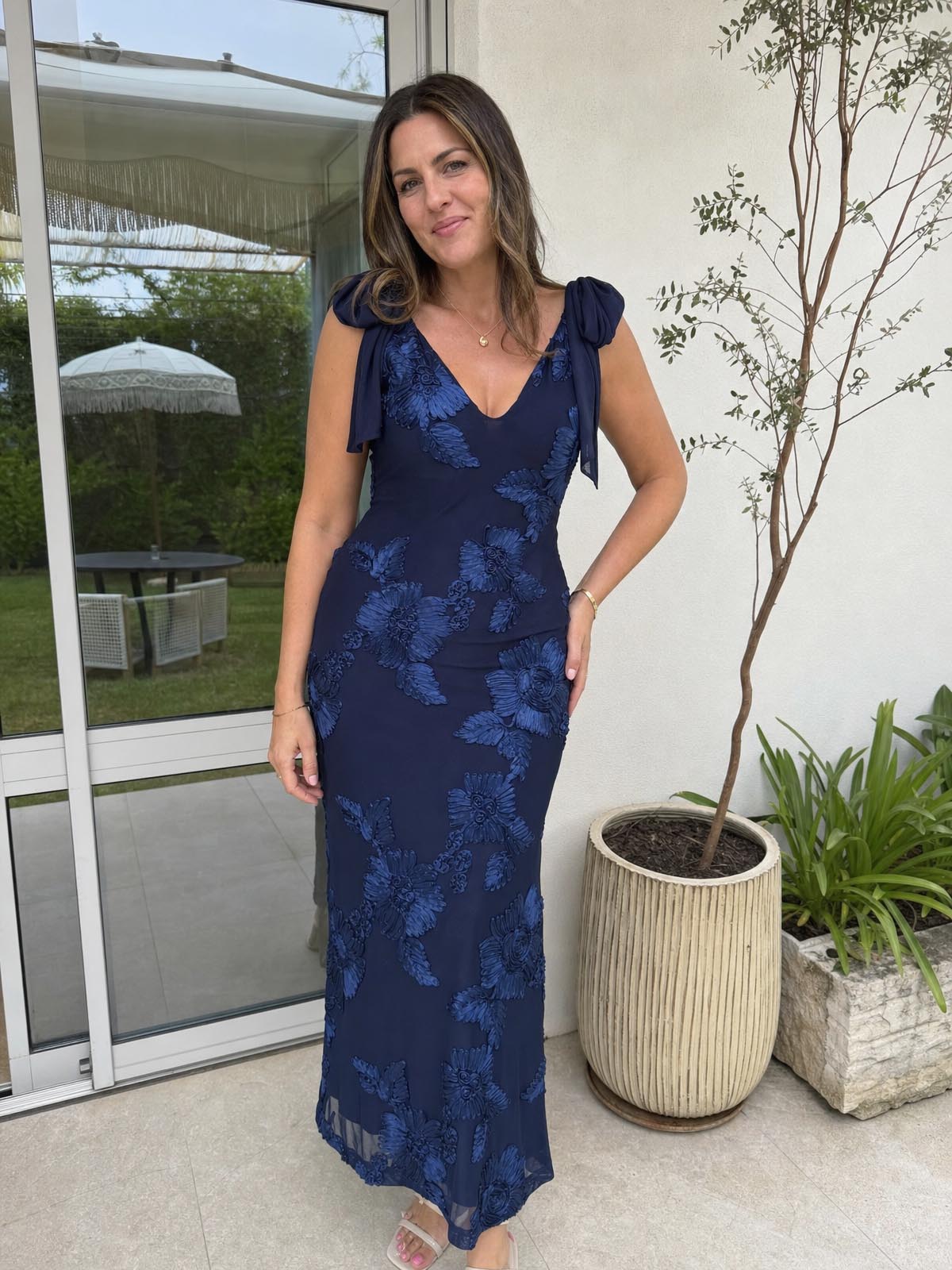 Click to view full screen Customer review image for Toperth Navy Embroidered Floral Tie Strap Maxi Dress