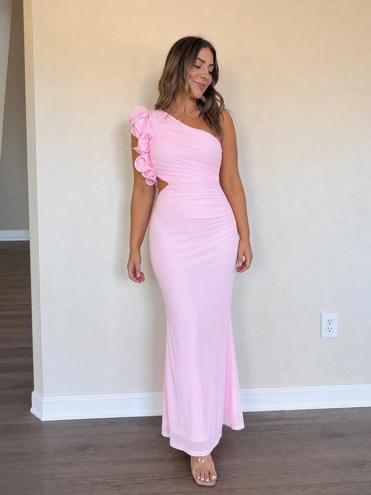 Customer review image for Toperth Pink Ruffle One-Shoulder Mesh Maxi Dress