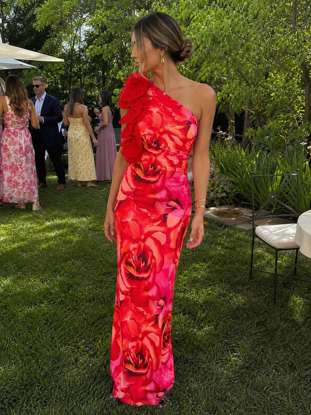 Customer review image for Toperth Red Floral Ruffle One-Shoulder Mesh Maxi Dress